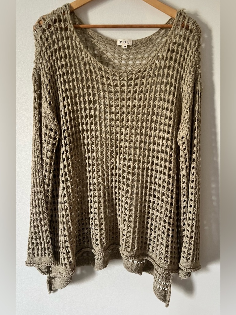 POL Open-Knit Lightweight Crochet Sweater in Beige Boho Coastal Quiet Luxury M